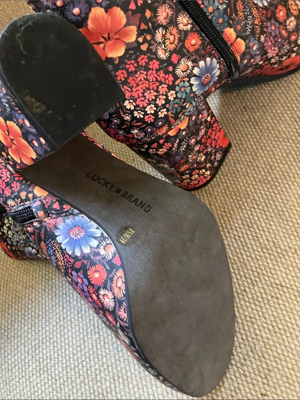 Lucky Brand Black Floral Ankle Boots with Orange & Pink Accents